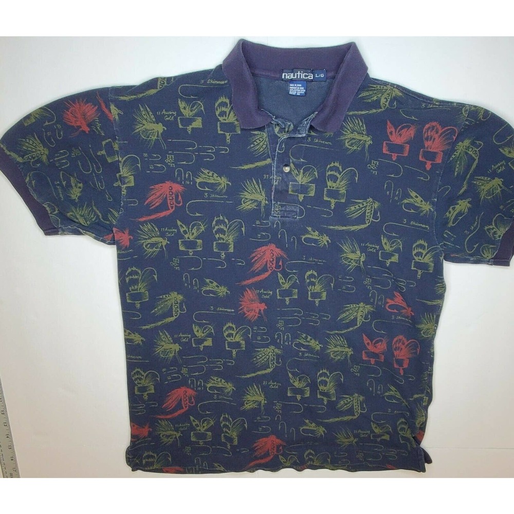 Mens Nautica Polo Shirt L Size Blue With Fishing Hook Design